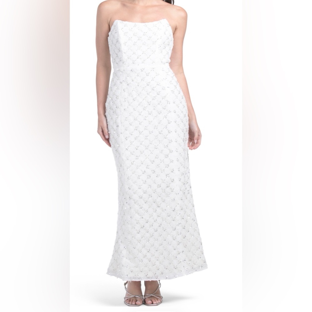 Elliatt Ivory Strapless Beaded Column Gown